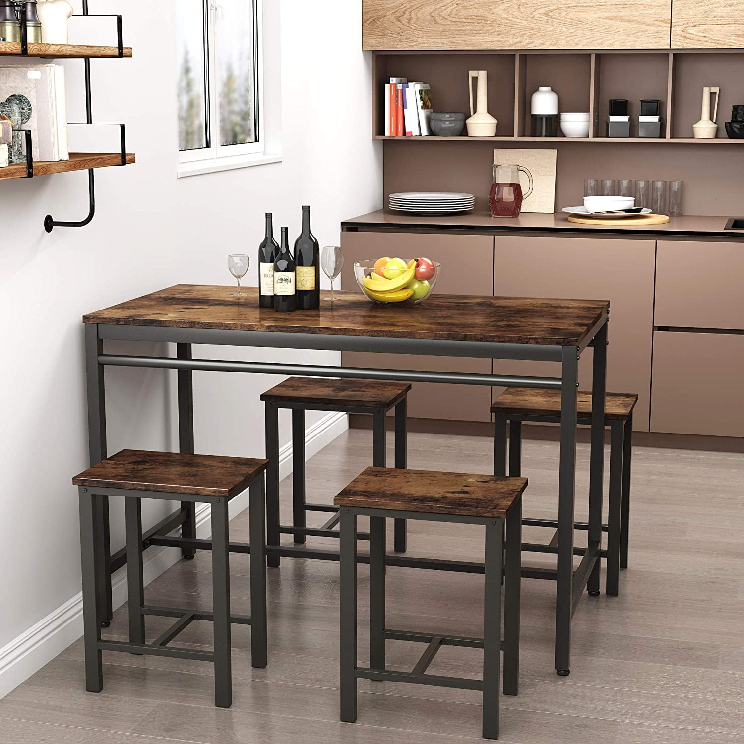 4HOMART 3 Pieces Bar Sets Small Space Bar Counter Table and 2 Barstools Sets Breakfast Accent High Dining Room Sets with Wood Table Top and Black Metal Legs for Apartment Pub Home Furniture 