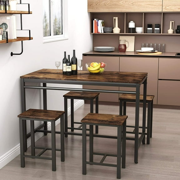 Recaceik Bar Table Set, Kitchen Table and Chairs for 4, Industrial Counter Height Pub Dining Set with 4 Round Bar Stools, Heavy Duty Metal Frame, Rustic Brown and Black