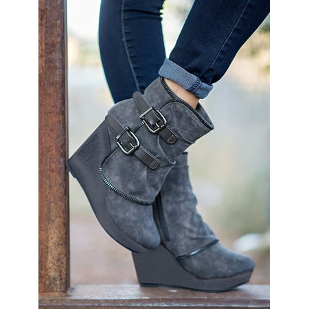 Women Double Buckle Casual Style Sexy Boots Zipper Ankle Wedge Heel Comfortable Boots