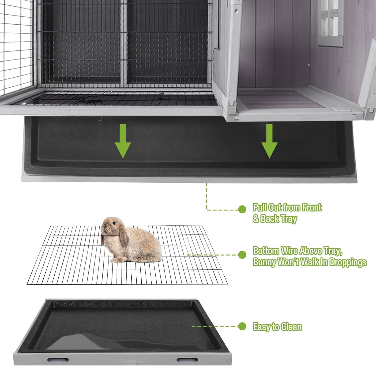 Aivituvin Rabbit Hutch Indoor Bunny Cage Outdoor Wooden Guinea Pig Cage Bunny House with Removable Metal Wire Floor, Lockable Caster Wheels, Leakproof Plastic Tray for 1-2 Rabbits, Small Animals