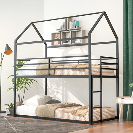 CLEARANCE! Bunk Beds for Kids Twin over Twin House Bunk Bed Metal Bed Frame Built-in Ladder No Box Spring Needed Black