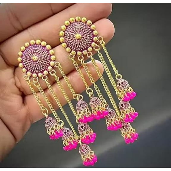 Traditional Long Jhumka Earrings with Pink Beads for Women – Indian Ethnic Dangle Jewelry