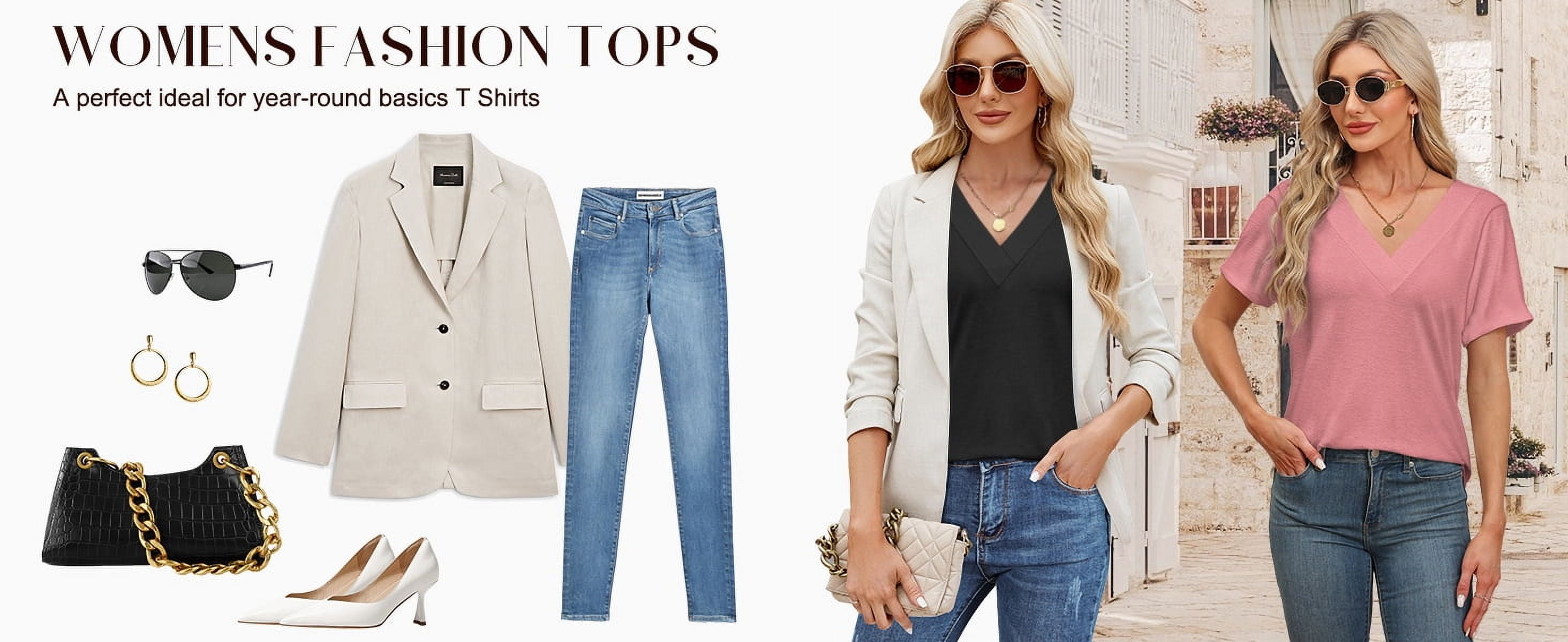 MOSHU Deep V Neck Womens Tops Curved Hem Shirts for Women Fashion Trendy Blouses Casual Loose Fit Tees Tops