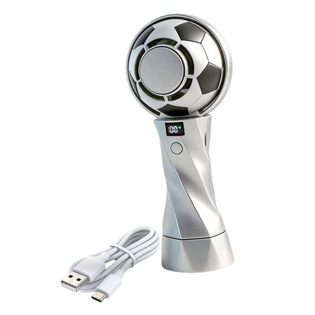 Ventilador portátil mano con forma balón fútbol, recargable, con 6 velocidades y hielo para oficina, camping y hogar. plata