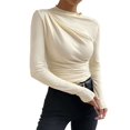 thumbnail image 4 of Deago Women's Pleated Long Sleeve Mock Neck T Shirts Casual Slim Fit Fall Tops Basic Business Work Tee (Beige, S), 4 of 6