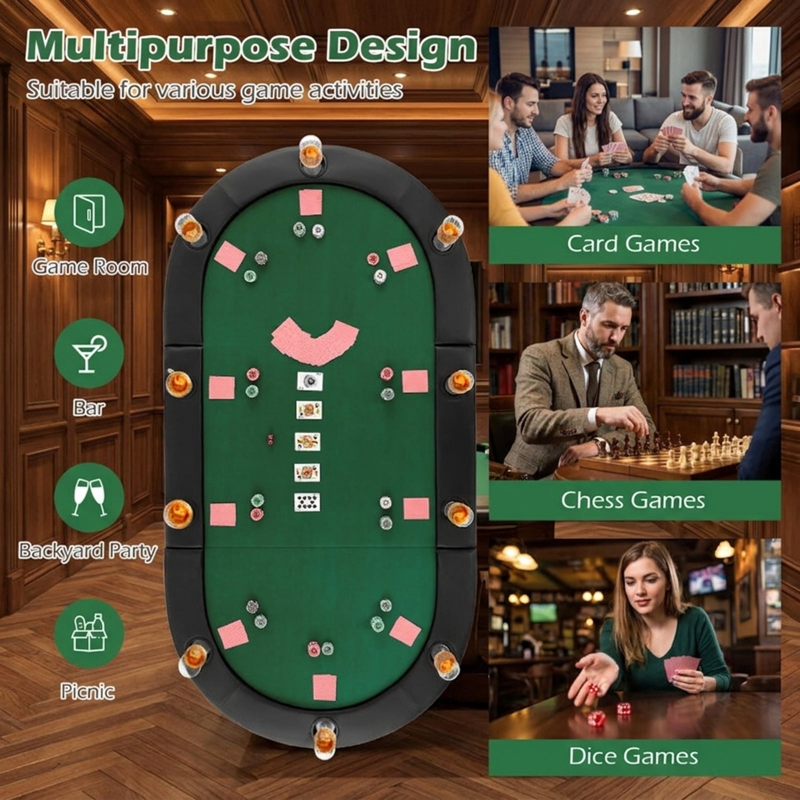 Redsmile 84 x 42 Inch 10-Player Foldable Poker Table Top, Portable Padded Card Game Table Topper with 10 Cup Holders and Carrying Bag, Folding Poker Table Top for Home Party, Green