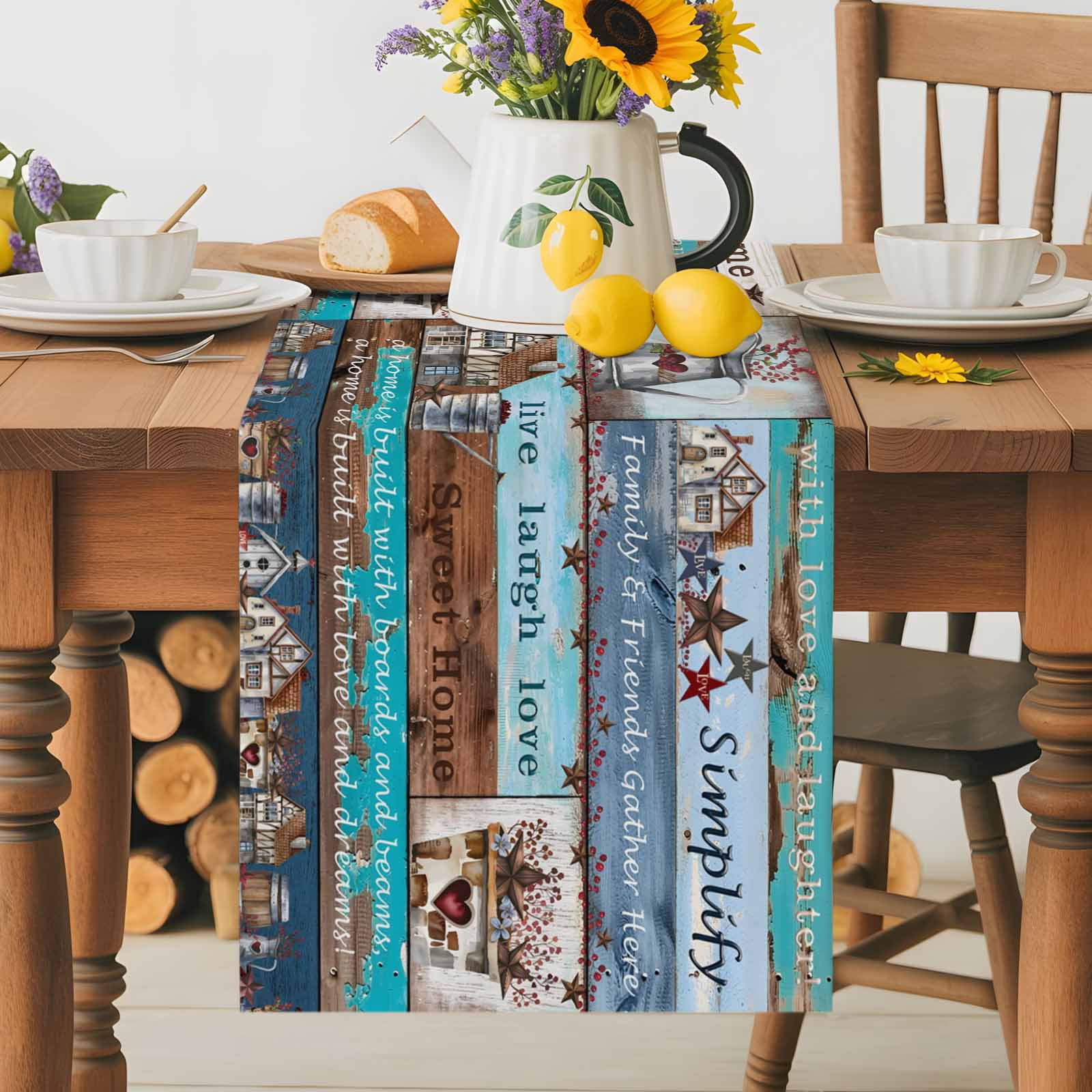 Star Bless This Home Star Table Runner 90 Inches Long, Vintage Watercolor Farm Wood Grain Table Runners Tabletop Scarf Kitchen Dining Tables Decoration for Home Party Indoor Outdoor