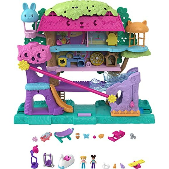 Polly Pocket Doll House with 2 Micro Dolls and Accessories, Toy Car, Doll Furniture and 4 Pets, Expandable Pet Adventure House