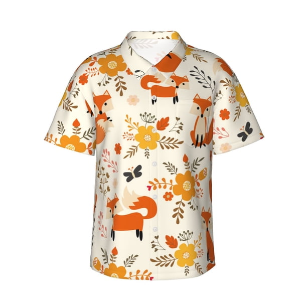 Balery Flower Fox Camisas hawaianas de manga corta para hombre, camisas playeras de corte holgado, camisas de vacaciones con botones,Small
