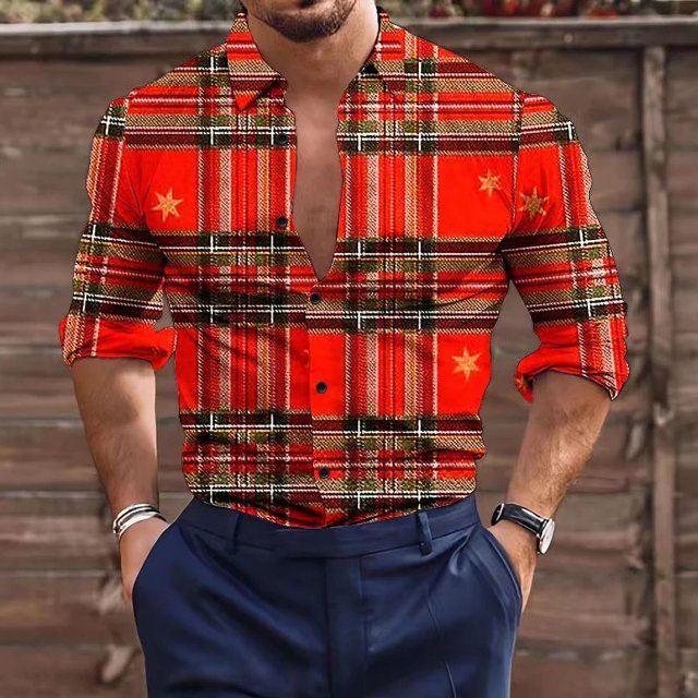 Camisa con botones de manga larga informal para exteriores, a cuadros, alce, muñeco de nieve, , nuevo diseño de diseñador para hombre, talla grande