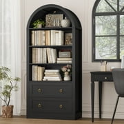 Hiphuta 70Tall Arched Bookcase, 4-Tier Bookshelves with 2 Large Drawers, Wooden Display Shelf with Storage for Living Room Home Office, Black