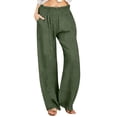 thumbnail image 2 of PiGOGI Women's Linen Blend Wide Leg Pants High Waisted Loose Flowy Trousers Elastic Waistband Casual Comfortable for Summer Beach Green XL, 2 of 6