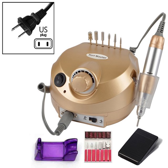 Ensemble de Perceuse à Ongles Électrique à Prise US Dorée avec Contrôle de Vitesse Réglable, 6 Mèches de Meulage, Pédale, Boîte de Contrôle, Poignée et Support d'Opération - Ensemble d'Outils de Manucure/pédicure Professionnel pour la Maison et le Salon