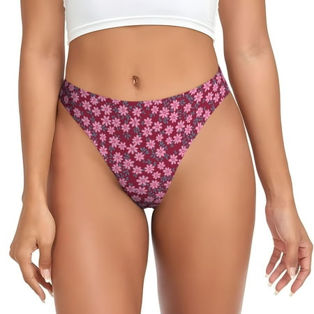 Qokaie Flowers With Green Leaves Printed Women s Cotton Thong Underwear  Sexy Breathable Panties G-string-Small