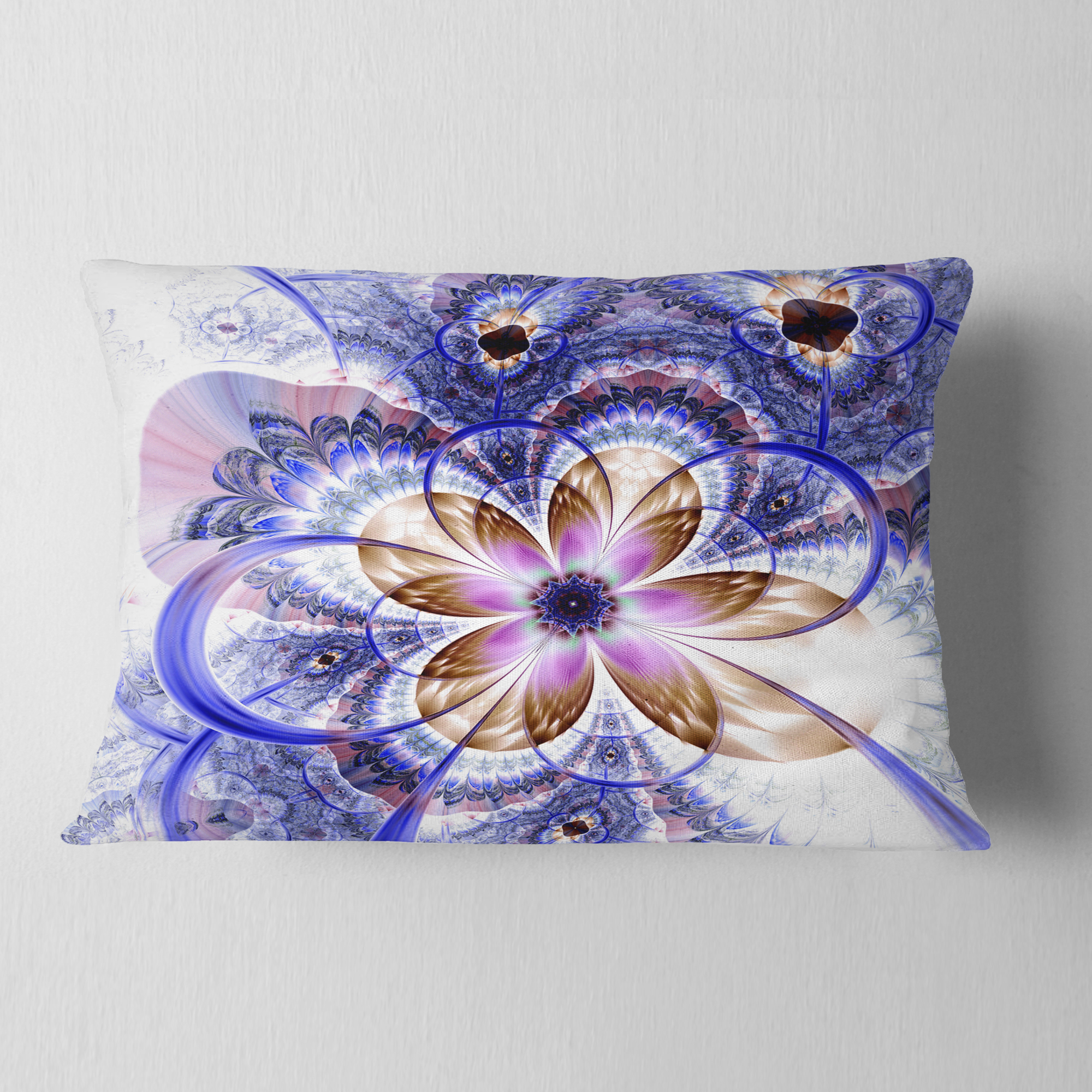 Designart Blue Light Fractal Flower - Floral Throw Pillow - 12x20