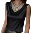 thumbnail image 2 of Plus Size Tank Tops for Women Sleeveless Lace Patchwork Satin Solid V-Neck Vest Tank Black M, 2 of 6