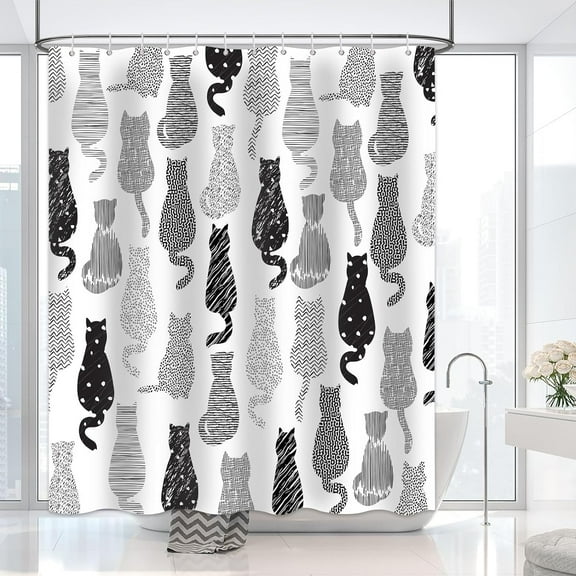 Funny Cat Shower Curtain Line Art Black Cute Animals Theme Cool Shower Curtains for Bathroom Black White and Grey Decor Set with 12 Hooks 72x72 Inches