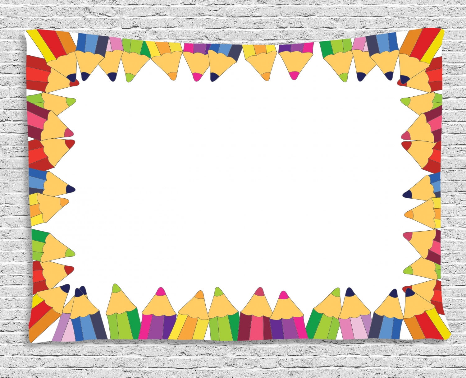 Kids Party Tapestry, Frame of Colorful Pencils Fun School Time Theme