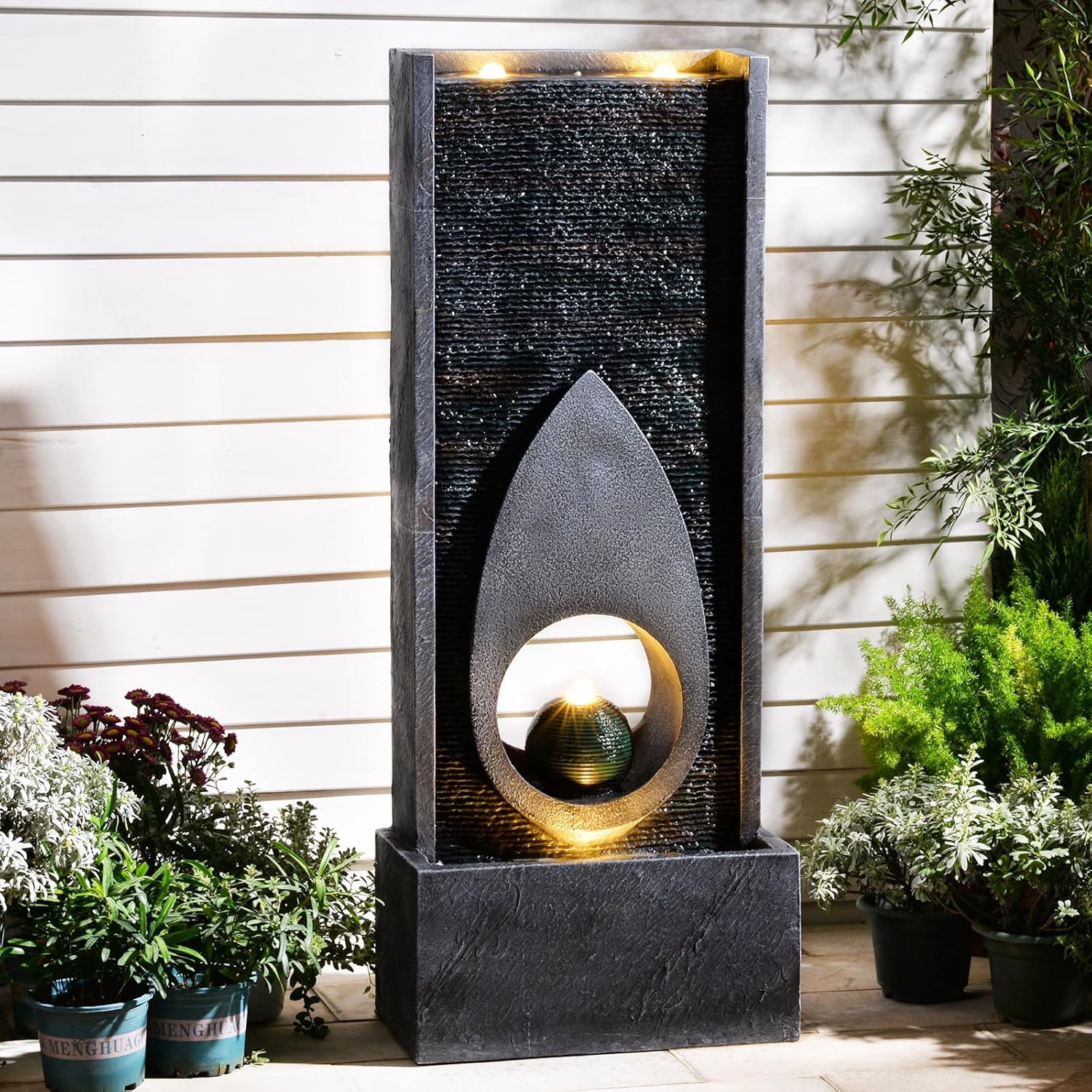 46.5’’Tall Modern Water Fountain Indoor Outdoor Waterfall Feature Floor Standing with Sphere and LED Lights for Garden, Yard, Patio, Deck, Porch, Livingroom Decor