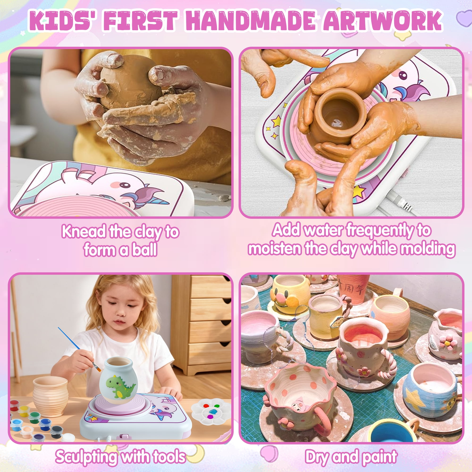 Jaawind Pottery Wheel for Kids Ages 8-12, Unicorn Arts and Crafts Kit with 4 Pack Clays, Art Supplies Toys for Boys Girls, Birthday Gift for 6 7 8 9 10+