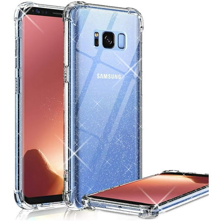 TRAHOO-Clear Case for Samsung Galaxy S8, Shockproof Bumper Protective Cell Phone Back Cover with Airbags Corners, TPU Silicone Flexible Cute Case Sparkle Glitter