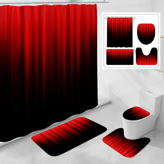 Red and Black Gradient Shower Curtain Set with Rugs and Toilet Lid Cover, Modern Simple Waterproof Fabric Bathroom Set, Ombre Stripe Gothic Abstract Bathroom Decor Set Accessories