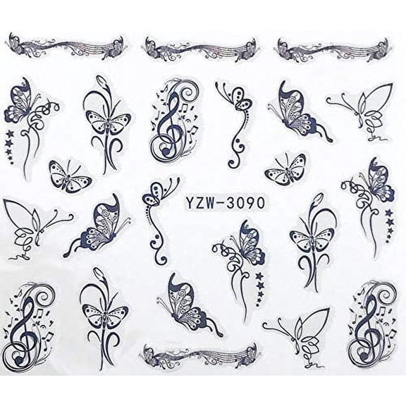 Black Music Note and Butterflies Nail Decals 1 sheet