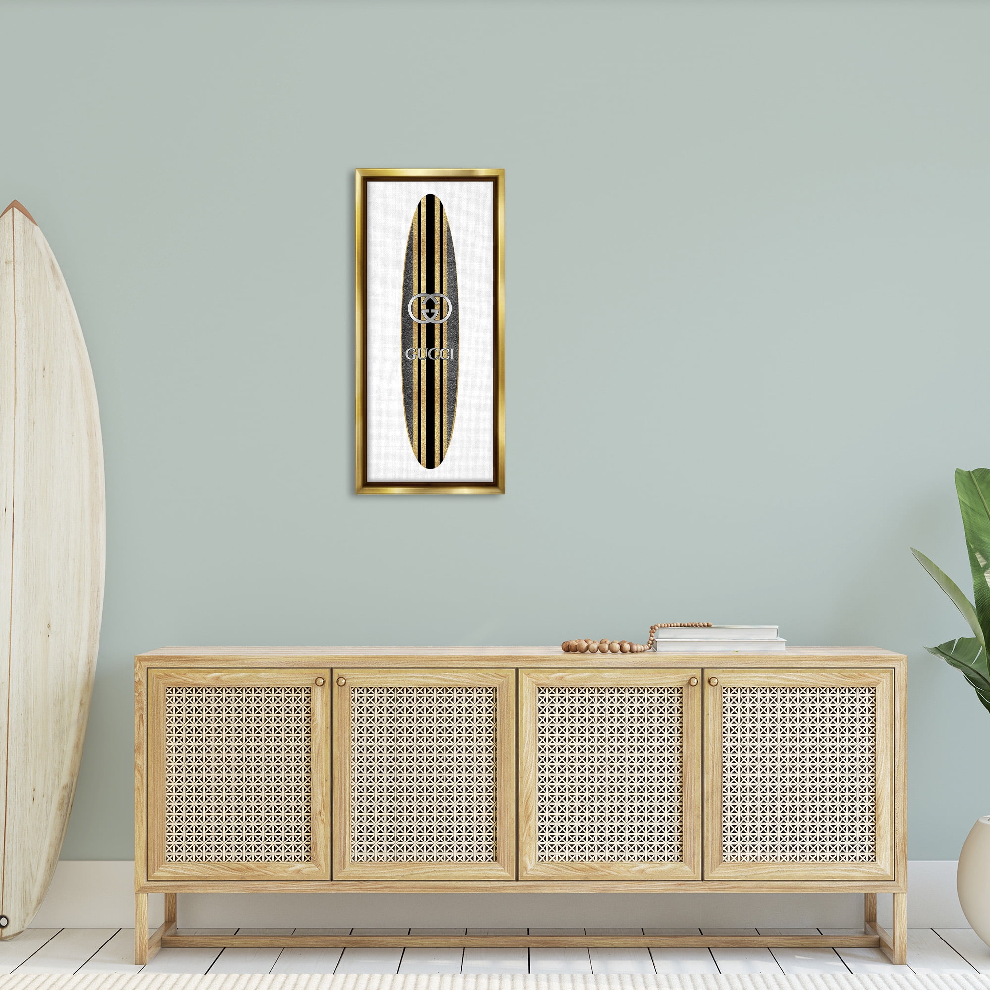 Stupell Industries Trendy Glam Surfboard Nature Painting Gold Floater Framed Canvas Art Print Wall Art, 14 x 31