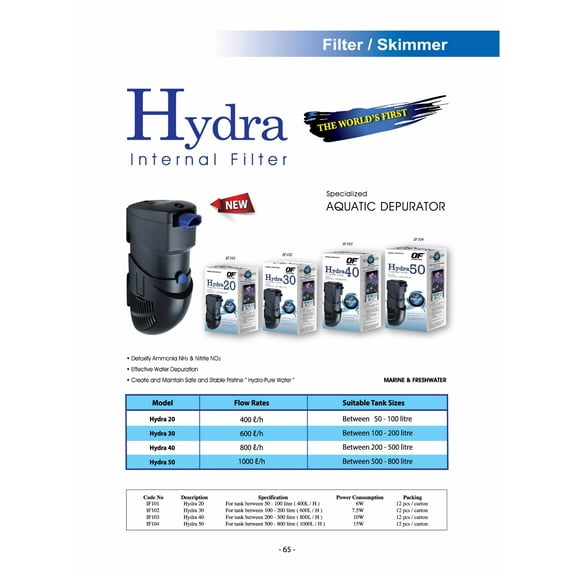 OF OCEAN FREE HYDRA 30 INTERNAL FILTER for 100-200 L (25 - 50 Gallon) AQUARIUM