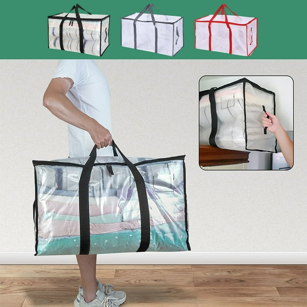 Bolsa de almacenamiento para mantas de gran capacidad | Organizador plegable transparente resistente con asas portátiles | Alta capacidad para ropa, juguetes, árbol de Navidad, almacenamiento de