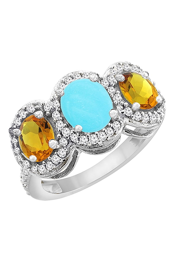 14K White Gold Natural Turquoise & Citrine 3-Stone Ring Oval Diamond Accent, size 9