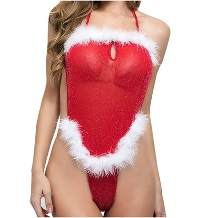 

Lingerie for Women Bodysuit Mesh Sheer Sleepwear Teddy Babydoll Halter Faux Furry Nightwear See Thru Underwear