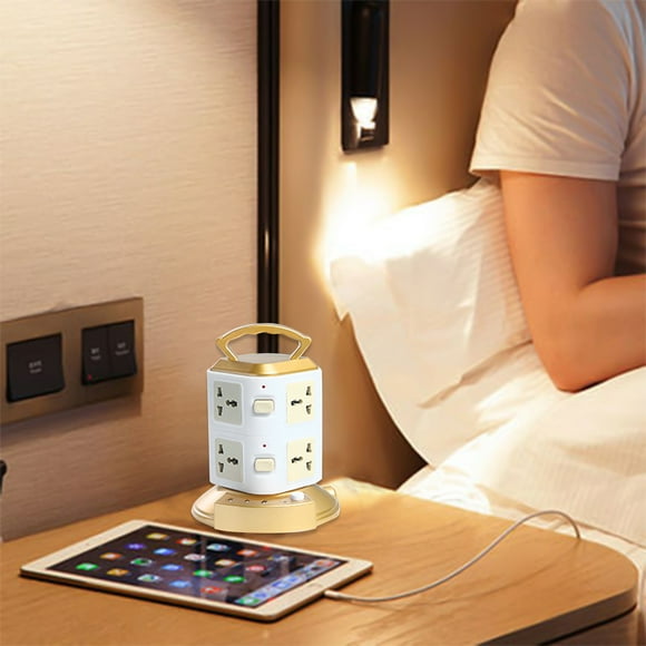 Regleta de enchufes con protección contra sobretensiones, torre con 3 puertos USB y 8 enchufes, cable de extensión de 2 metros, estación de carga vertical