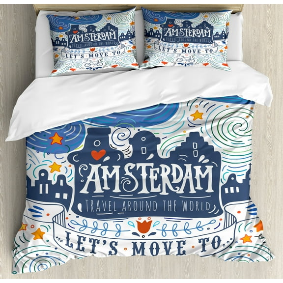 Amsterdam Duvet Cover Set Queen Size, Hand-drawn Style Illustration with Canal Houses Swirls Stars and a Travel Words, Decorative 3 Piece Bedding Set with 2 Pillow Shams, Multicolor, by Ambesonne
