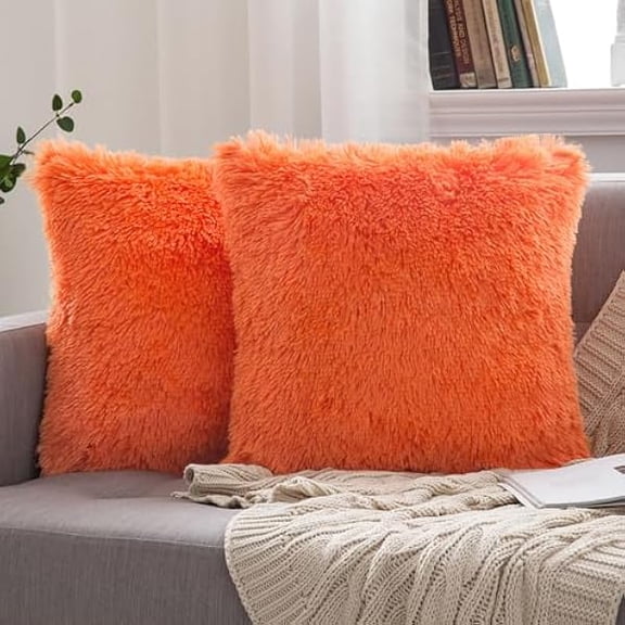 Eryueer Faux Fur Cushion Covers Fluffy Throw Pillow Case Soft Decorative Square Cute Pillow Plush For Livingroom Sofa Bedroom 18 Inch x 18 Inch 45 cm x 45 cm Bright Orange Pack of 2