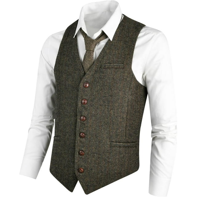 GFDYREE Men's Slim Fit Herringbone Tweed Suits Vest Premium Wool Blend Waistcoat