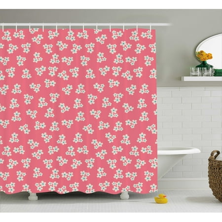 Country Home Shower Curtain, Cute Little Daisies Bouquets Girls Bedroom Decor Freshness Pink Backdrop, Fabric Bathroom Set with Hooks, 69W X 70L Inches, Teal Pink White, by Ambesonne
