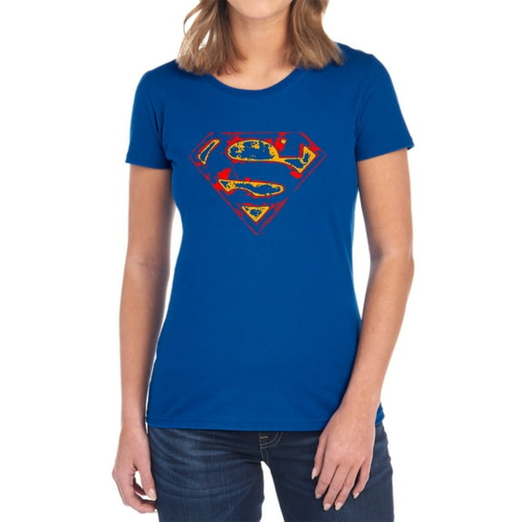 Superman Super Distressed Women's T Shirt, Royal, Small