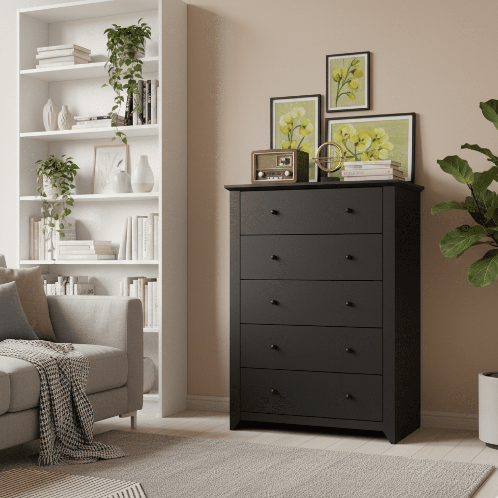 TrumanPick Black Dresser for Bedroom 5 Drawer Dresser 31.2"D x 17"W x 47"H Tall Chest of Drawers Wooden dressers for Closet Living Room