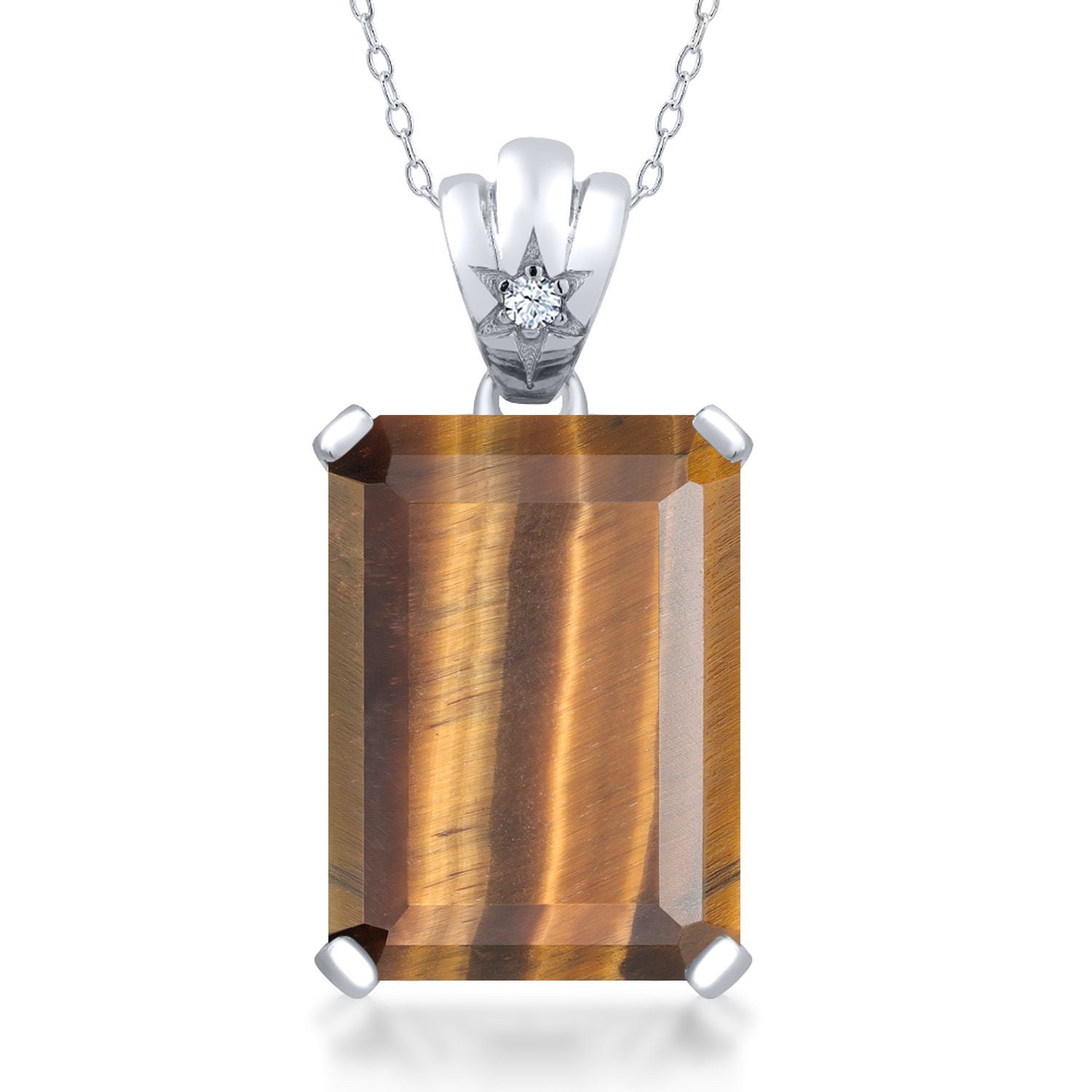 Gem Stone King 925 Sterling Silver Brown Tiger Eye Pendant Necklace for Women (12.05 Cttw, Emerald Cut 18X13MM, with 18 inch Silver Chain)