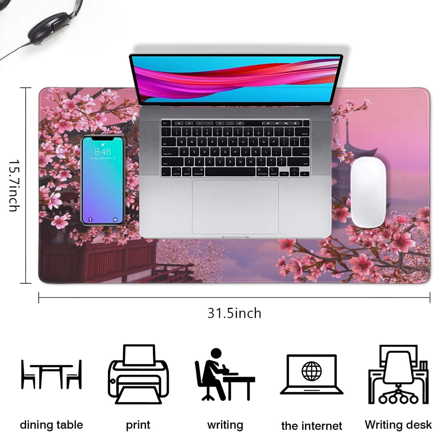 Gaming Mouse Pad, Desk Pad with Non-Slip Base Extended Large Mouse Pad XXL Keyboard Mouse Pad Desk Mat On Top of Desks for Work, Game, Office, Home - Pink Japanese Cherry Blossom (31.5x15.7 in)