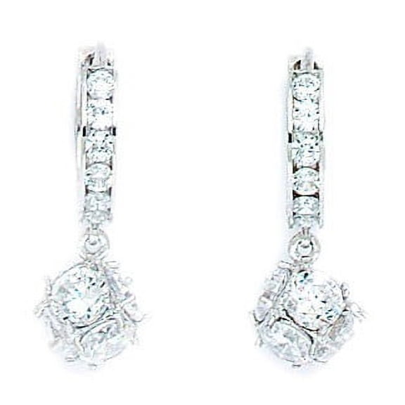 Sterling Silver Rhodium Plated Cubic Zirconia Ball Drop Hinged Earrings - Measures 22x8mm