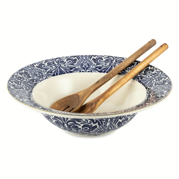 Thyme & Table Nova Ceramic 3-Piece Serve Bowl Navy and White with Wood Serve Utensils