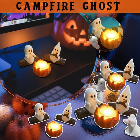 Halloween Campfire Ghost Figurine Set, Cute Resin Halloween Decor with Ghost Dog, Cat and LED Tea Light Holder for Mantel, Shelf, Desk