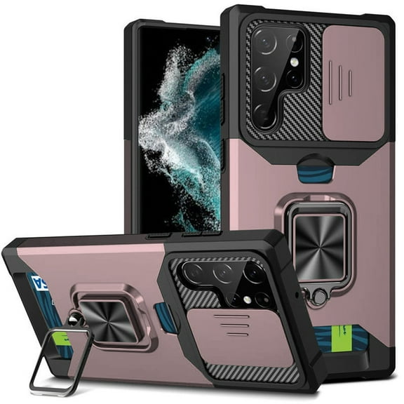 For Samsung S23 Ultra Multi-Functional Card Magnetic Ring Stand Hybrid Camera Case Cover - Rose Gold
