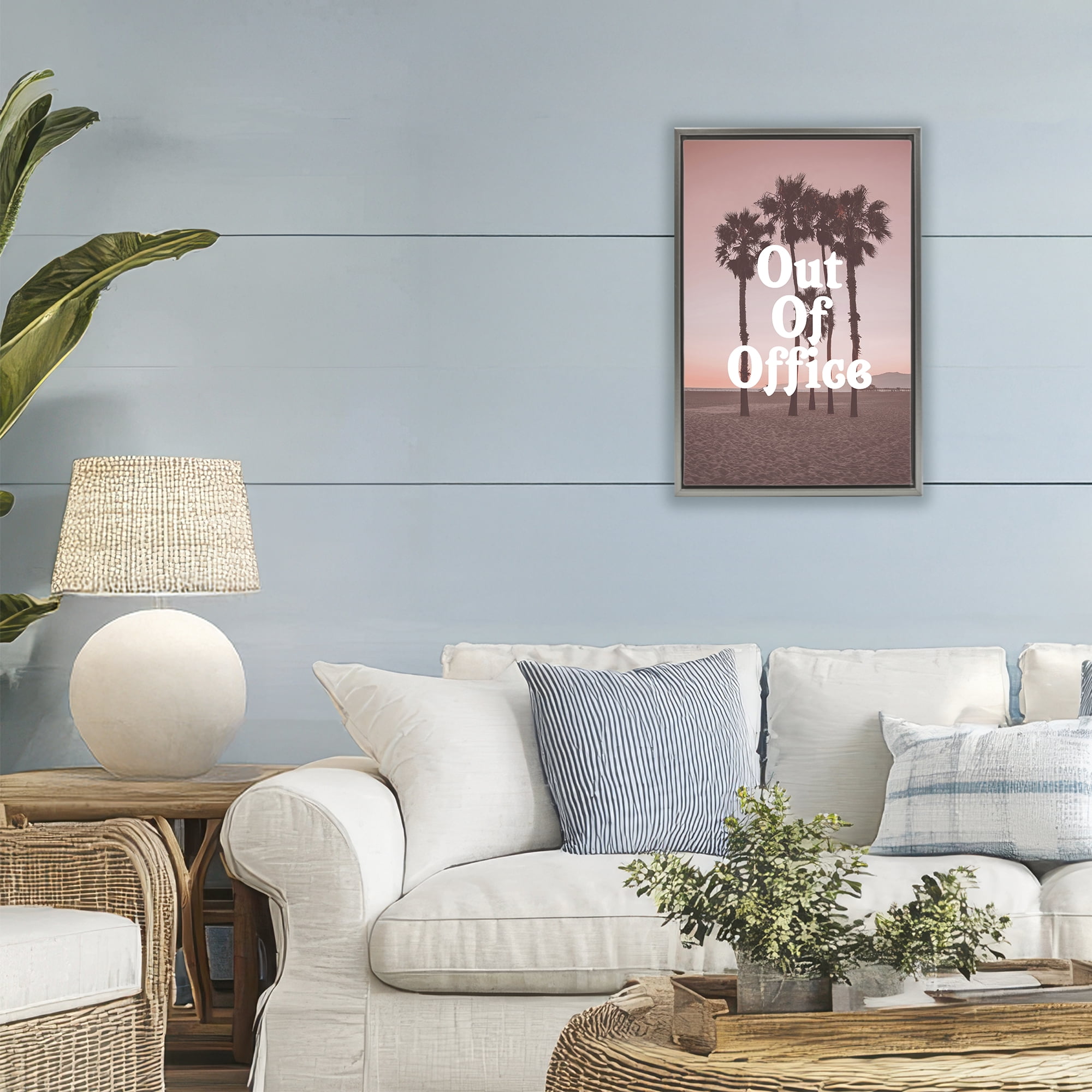 Stupell Industries Pink Tropical Out Of Office Gray Framed Floater Canvas Wall Art, design by Lil' Rue