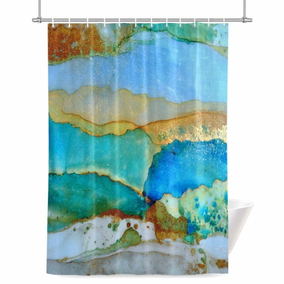 Teal Waves Shower Curtain, Retro Abstract Watercolor Green Blue Gold Lines Waterproof Shower Curtain Set with 12 Hooks Lightweight Bath Curtains Fabric Bathroom Decor 72x72 Inches