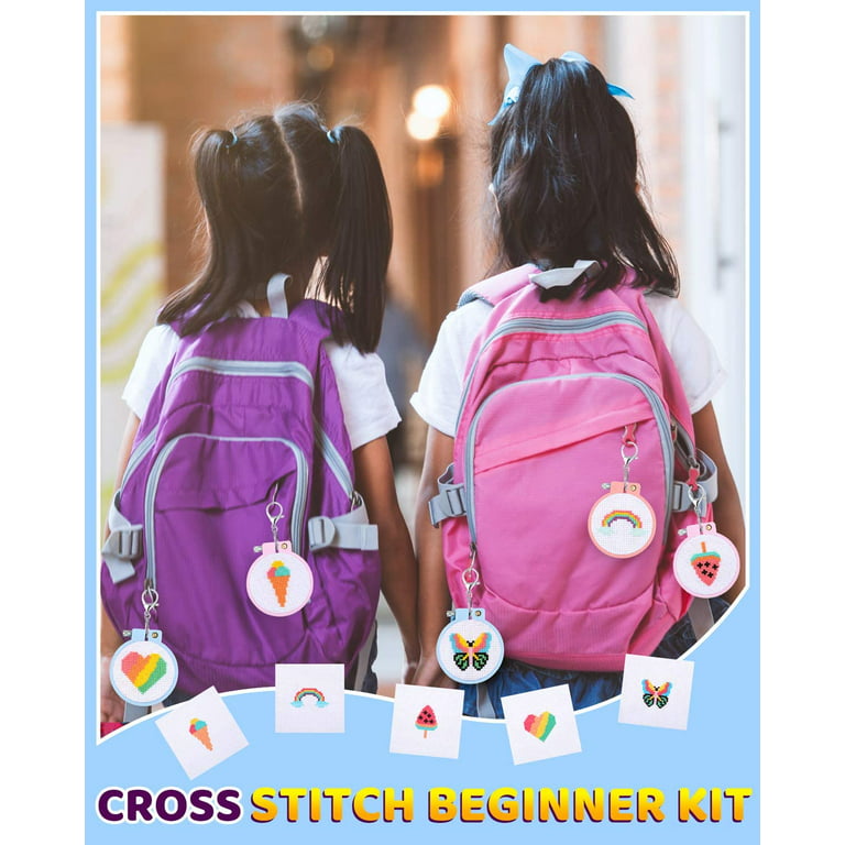 Pllieay Cross Stitch Beginner Kit for Kids 7-13 Includes 6pcs Project Cross Stitch Pattern and 2pcs Hoops 12 Skeins Needle Point Starter Kit Sewin