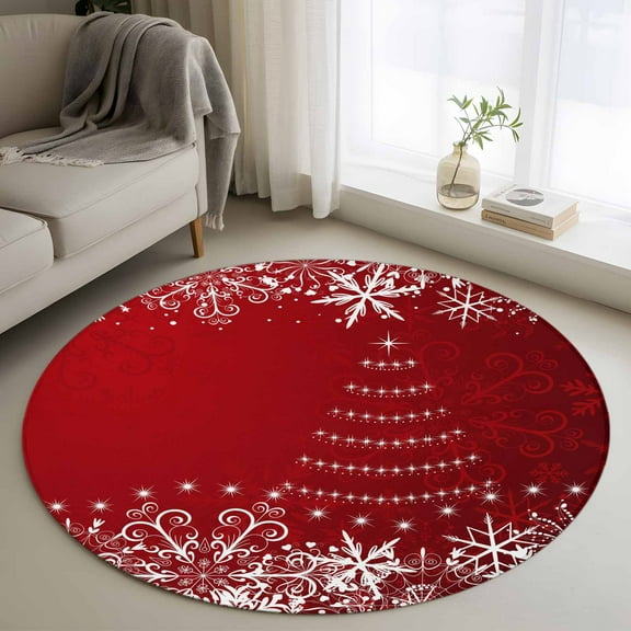 Red Christmas Round Rug 3ft Washable Circle Entryway Rugs Non Slip Xmas Snowflake Tree Vintage Area Rug Indoor Floor Carpet for Bedroom Kitchen Living Room Home Office Dining Room Nursery