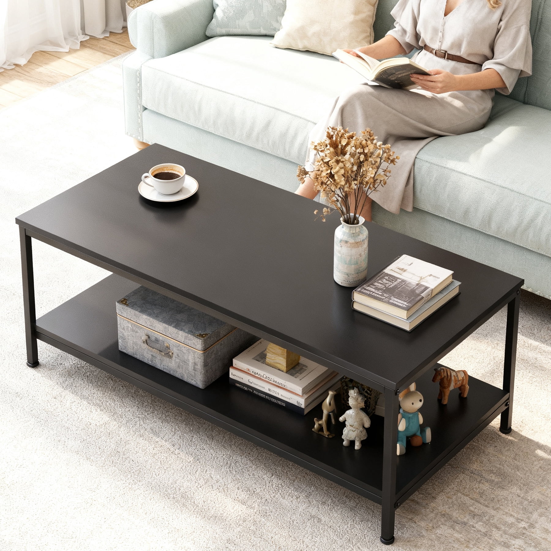 ZenSports 39.4"L Rectangle 2-Tier Coffee Table Wood Cocktail Table Metal Frame W/Storage Shelf,Black for Apartment Home Office